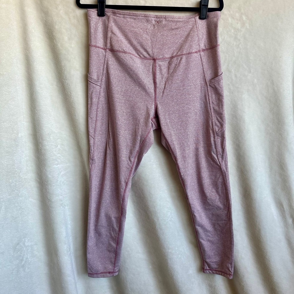 Danskin Womens Large High Waisted Pocket Leggings Pink Striped Yoga Pants‎